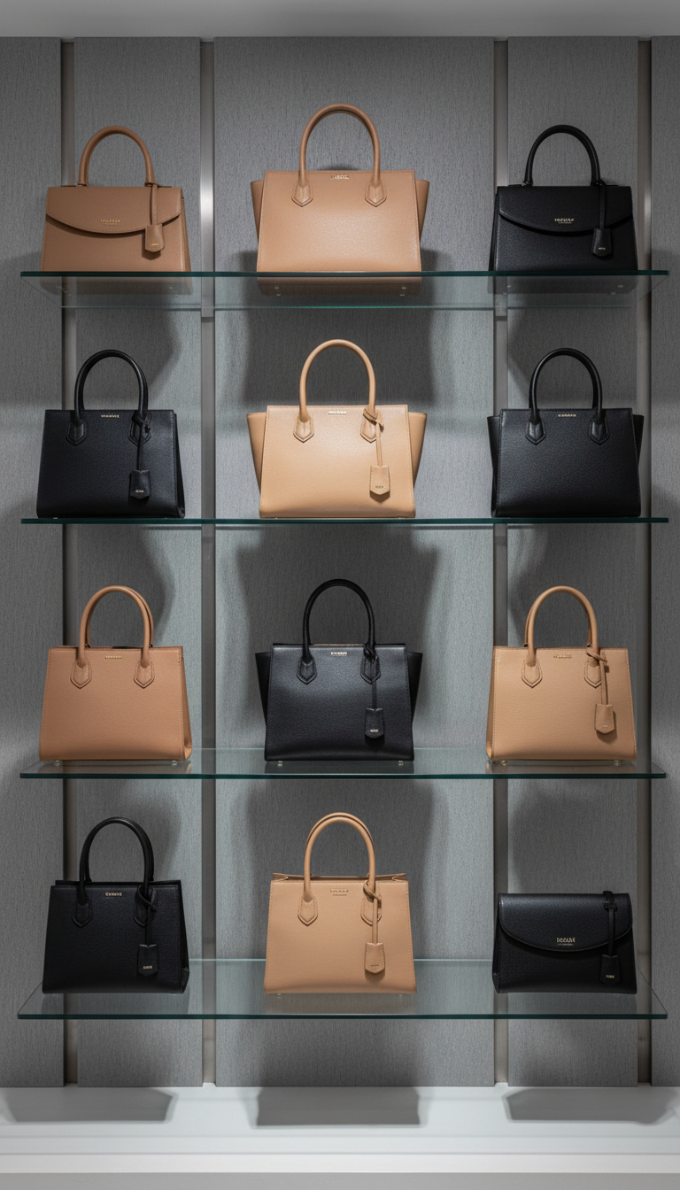 An elegant display of high-quality, branded leather handbags in neutral tones such as taupe, black, and beige, arranged meticulously on sleek, glass shelving within a minimalist showroom. The shelves are set against a backdrop of textured gray walls with subtle vertical lines, creating a sense of luxury and organization. Soft, diffused overhead lighting casts gentle highlights on the polished leather surfaces and subtle shadows underneath each bag. The composition is balanced and centered, shot from an eye-level perspective with sharp clarity throughout the frame. The mood is refined and professional, perfectly reflecting a corporate business environment with clean, photographic realism and a structured, modern aesthetic.